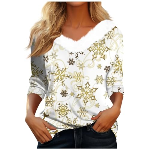 Strickkleid Weihnachten Damen Halloween Sweatshirt Damen Weihnachtsfeier Outfit Damen Weihnachtsrock Basic Tops Women's Printed Sweatshirt Xmas Pullover Weihnachts (White, L) von Feibeauty