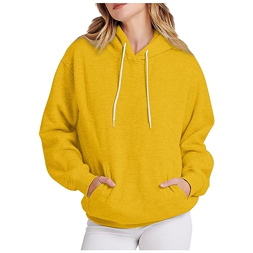 Warehouse Deal, Pullover Damen Damen Hoodie Mit Kapuze Einfarbig Langarm Kapuzenpullover Mit Taschen Übergangs Sweater Hoody Oberteile Leicht Tops Teenager Mädchen Shirts Damen Sommer(Gelb,M) von Feibeauty