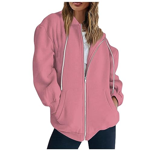 Warehouse Deal Retourenware, Kapuzenjacke Damen Damen Strickjacke Einfarbig Full Zip Sweatshirt Jacke Mit Kapuze Sport Style Kapuzenjacke Mit Taschen Sweatshirt Damen Damen Sommerjacke Leicht(Rosa,M) von Feibeauty