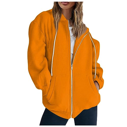 Warehouse Deal Retourenware, Strickjacken Für Damen Hoodie Damen Reißverschluss Einfarbig Full Zip Sweatshirt Jacke Mit Kapuze Sport Style Kapuzenjacke Mit Taschen Fleecejacke (Orange,S) von Feibeauty