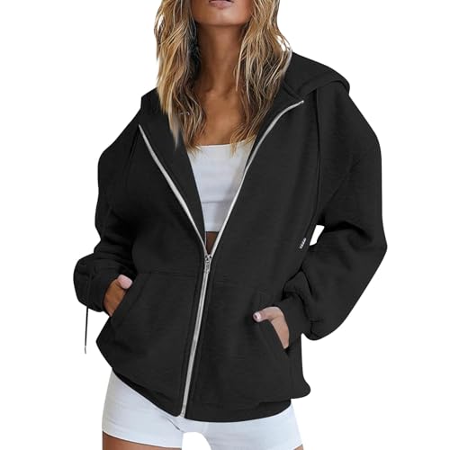 Warehouse Deals Angebote, Hoodie Damen Batik Shirt Damen Einfarbig Full Zip Sweatshirt Jacke Mit Kapuze Basic Hooded Oberteile Kapuzenjacke Laufjacke Damen Leicht Damen Jacke Übergang(Black,L) von Feibeauty