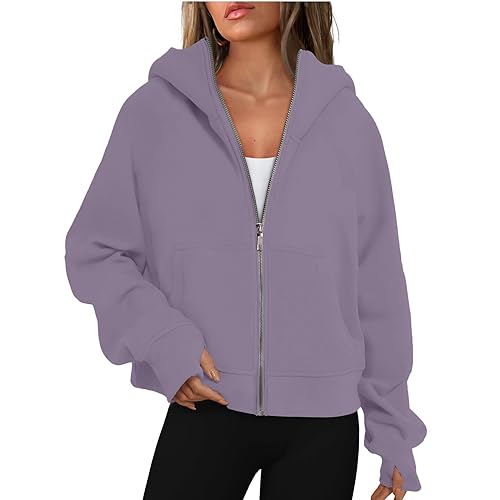 Warehouse Deals Angebote B Ware, Sweatshirt Damen College Jacke Damen Einfarbig Full Zip Sweatjacke Mit Tasche Basic Hoody Oberteile Outdoor Sport Style Hoodie Damen Sweatjacke Damen(Lila,L) von Feibeauty