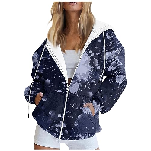 Weiße Blusen Günstig, Pullover Damen Jacken Damen Batik Drucken Langarm Sweatshirt Jacke Mit Kapuze Leicht Kapuzenjacke Basic Hoodie Sweatjacke Mädchen Jogginganzug Damen(Dark Blue,XXL) von Feibeauty