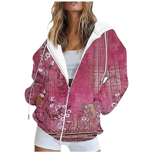 Weiße Blusen Günstig, Sweatshirt Damen Hoodie Jacke Damen Retro Blumenmuster Langarm Hoodie Jacke Casual Basic Kapuzenjacke Sport Style Hoodie Zipper Hoodie Damen Kapuzenjacke(Hot Pink,XL) von Feibeauty