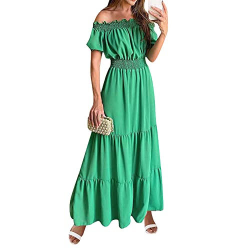 abendkleid lang sexy outfit für damen kleid festlich Schulterfrei RüSchen Einfarbig Kurzarm Bodenlang Kleid Sexy Hohe Taille Lang Kleid Elegant A-Linie Tunika Kleid Boho kleid hochzeitsgast (Grün, L) von Feibeauty