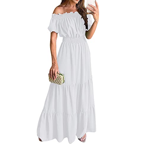 strandkleider damen sommer kostüm damen elegant kleider lang Schulterfrei RüSchen Einfarbig Kurzarm Bodenlang Kleid Sexy Hohe Taille Lang Kleid Elegant A-Linie Tunika Kleid Boho wickelkleid (Weiß, M) von Feibeauty