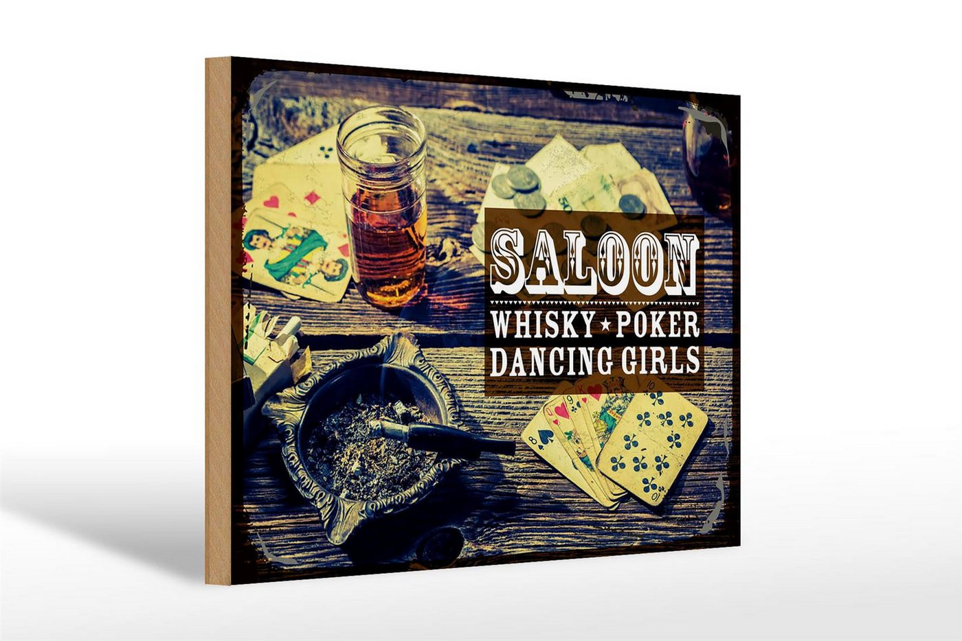 Femer GmbH Holzbild Hinweis Saloon Whisky Pokerkarten 30x20cm, Camping Sport Hobby Freizeit, Sprüche Zitate Lustiges (1 St), Glatte Holzfaserplatte (MDF), vorn beschichtet von Femer GmbH