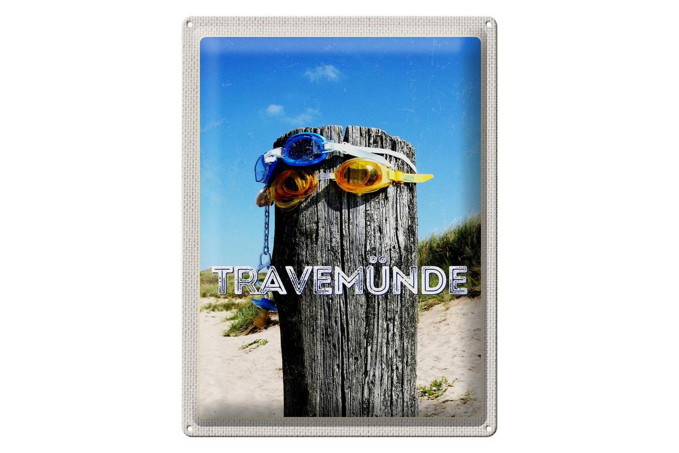 Femer GmbH Metallschild Reise 30x40cm Travemünde Schwimmbrille Schnuller, (1 St), gewölbte Oberfläche, abgerundete Ecken, umgeschlagene Kanten von Femer GmbH