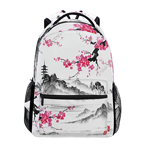 Sakura Branches Lake Hills Rucksack, wasserdichte Schultasche, Turnrucksack, rosa Blume, Laptop-Tasche, Outdoor-Reisetasche für Kinder, Jungen, Mädchen, Damen, Herren von Fender