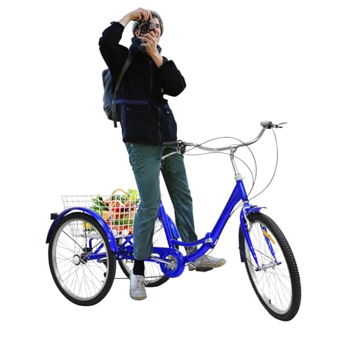 Fermoirper Dreirad für Erwachsene,24 Zoll Faltbar Adult Fahrrad Erwachsenendreirad 7-Gang mit Einkaufskorb,Senioren Seniorenrad Senioren Fahrrad Vatertagsgeschenk für Papa (Blau) von Fermoirper