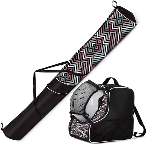 Ferocity Premium Set Skitasche und Skischuhtasche für 1 Paar Ski-Stöcke-Schuhe-Helm mit Abnehmbarer Netztasche Pastel Zig ZAG [053] von Ferocity