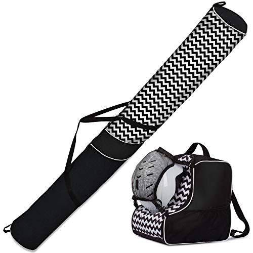 Ferocity Premium Set Skitasche und Skischuhtasche für 1 Paar Ski-Stöcke-Schuhe-Helm mit Abnehmbarer Netztasche Zig Zag mit Netz [053] von Ferocity