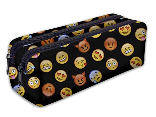 Mäppchen Federtasche Schlamperbox Federmäppchen Schüleretui Stiftemappe mit Zwei Reißverschlüssen Emoji Schwarz [107] von Ferocity