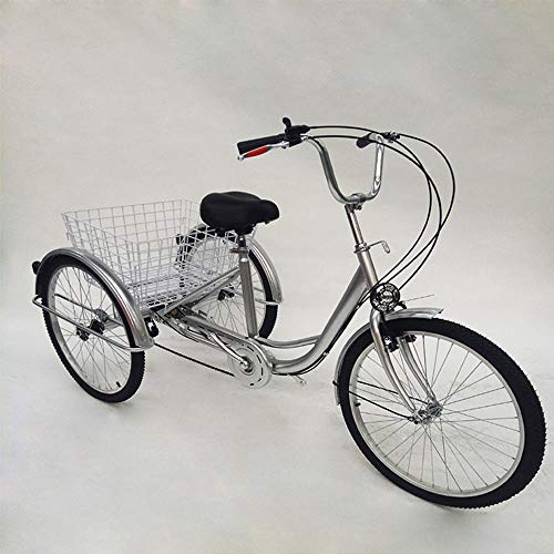 24 Zoll 6 Gänge Zahnräder Dreirad Für Erwachsene, Gold/Silver, 3 Rad Fahrrad Mit Korb Und Lampe (Farbe: Silver mit Lampe) von Fetcoi