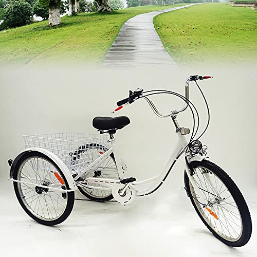 Fetcoi Adult Tricycle 6Speed, 24 Zoll mit Licht Tricycle Dreirad mit Einkaufskorb Cargo Fahrrad für Senioren, Frauen und Männer (weiß) von Fetcoi