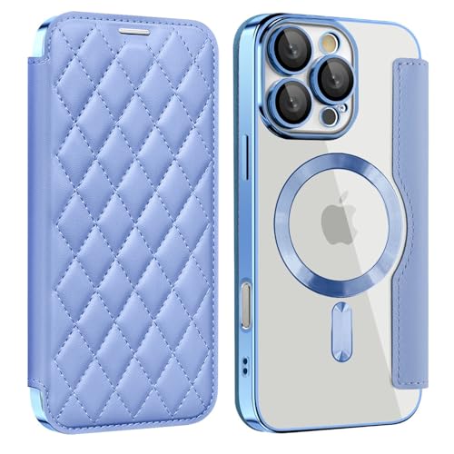 FeylWezm Brieftaschen-Hülle für iPhone 16 Pro Max/16 Pro/16 Plus/16, kompatibel mit MagSafe, vollständiger Kameraschutz, luxuriöse Gesteppte Lederbeschichtung, kristallklare Hülle,Pale Blue,16 Pro von FeylWezm