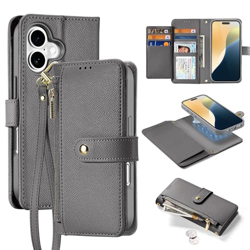 FeylWezm Brieftaschen-Hülle für iPhone 16 Pro Max/16 Pro/16 Plus/16, kompatibel mit Magsafe, Reißverschlusstasche, Magnetverschluss, Kartenhalter, PU-Lederhülle mit Handschlaufe,Gray,16 von FeylWezm