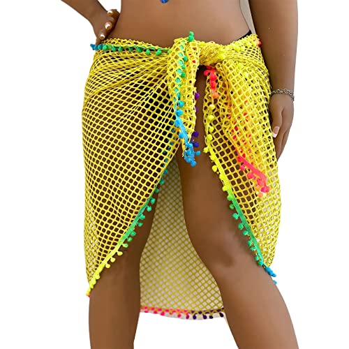 Fhkpsqkcn Strand Sarong Für Damen Halbdurchsichtig Badebekleidung Überzüge Seitlich Gebundener Wickelrock Kurzer Rock Mit Bunten Quasten Für Badebekleidung von Fhkpsqkcn