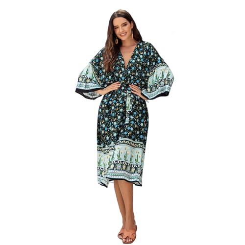 Damen-Kimono, Bohemian-Blume, lässig, lockere Vorderseite, Cardigans, Strandkleid für den Badeanzug von Fhsqwernm