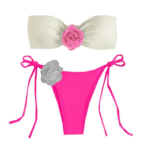 Fhsqwernm Bandeau-Badeanzug für Damen, 3D-Blumenmuster, Push-Up-Bademode, zweiteilig, trägerlos, hoher Schnitt, Badeanzug, Strandmode von Fhsqwernm