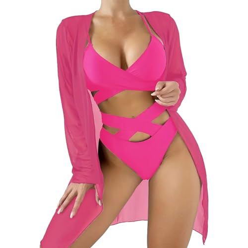 Fhsqwernm Damen Badeanzug Mit Hoher Taille 3-teilig Geteilter Badeanzug Push Up Set Mit Vertuschung Für Den Strand von Fhsqwernm