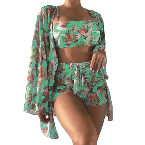 Fhsqwernm Damen-Bikinis, Badeanzug mit Badeshorts, lange Bikinis, Cardigan, Blumen-Badeanzug, Bademode von Fhsqwernm