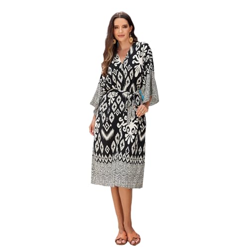 Fhsqwernm Kimono-Badeanzug für Damen, geometrischer Druck, lässig, lockere Vorderseite, Strickjacke, Strandkleid für den Badeanzug von Fhsqwernm