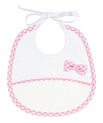 Filet - Ovales Lätzchen aus weichem Stoff, Rautenmustermit Schleife aus kariertem Stoff, Tasche aus Aida-Stoff zum Besticken, Borte in Rosa Farbe, Maße: 20 x 21 cm, hergestellt in Italien, Rosa Filet - Ovales Lätzchen aus weichem Stoff, Rautenmustermit Schleife aus kariertem Stoff, Tasche aus Aida-Stoff zum Besticken, Borte in Rosa Farbe, Maße: 20 x 21 cm, hergestellt in Italien, Rosa von Filet