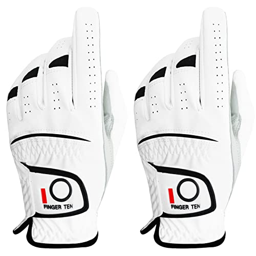 FINGER TEN Golfhandschuhe Herren Links Rechts Hand 2 Stück Golfhandschuh Wettersof Leder Griffig Weich Passform Handschuh für Golfer Männer (Links, ML) von FINGER TEN