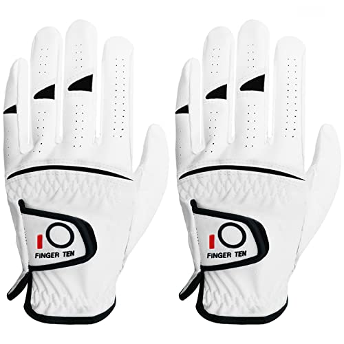 FINGER TEN Golfhandschuhe Herren Links Rechts Hand 2 Stück Golfhandschuh Wettersof Leder Griffig Weich Passform Handschuh für Golfer Männer (Links, L) von FINGER TEN