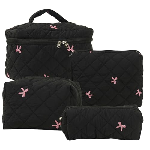 Fiorky 4 Stück Make-up-Tasche, bestickte Schleife, Damen-Kosmetiktasche, gesteppt, Reise-Kosmetiktasche, niedliches Kawaii für Reisen, Einkaufen von Fiorky