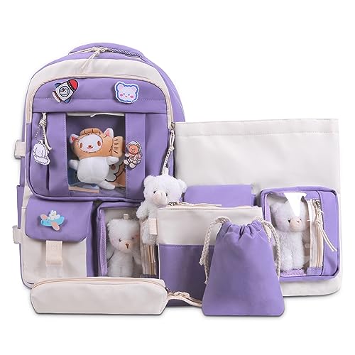 Fiorky 5-teiliges Schulrucksack-Kombi-Set, Damen-Laptop-Rucksack, große Kapazität, Schulrucksack aus Nylon, einfache Teenager-Mädchen mit mehreren Taschen, Kawaii-Schulrucksäcke for Mädchen Fiorky 5-teiliges Schulrucksack-Kombi-Set, Damen-Laptop-Rucksack, große Kapazität, Schulrucksack aus Nylon, einfache Teenager-Mädchen mit mehreren Taschen, Kawaii-Schulrucksäcke for Mädchen von Fiorky