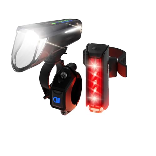 FISCHER Fahrrad LED-Akku Beleuchtungs-Set Twin Stop 100 Lux mit Fernlicht, mit Sensormodus, Lange Leuchtdauer, stabiles Aluminium-Gehäuse, schwarz, 1 Stück von Fischer