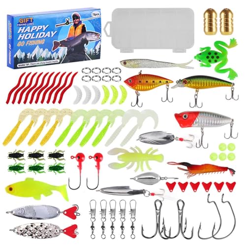 Angelköder-Set, 78-teilig, Fischhaken aus Kunststoff, schwimmende Angelköderhaken, Unisex, Angelzubehör-Set mit Aufbewahrungsbox, Angelköder, Spinnköder von Fisssure