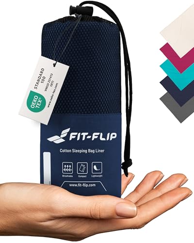 Fit-Flip Hüttenschlafsack Baumwolle - ultraleichter Innenschlafsack 325g - dünner Reiseschlafsack - kompakt, klein & seidig weich - Schlafsack Inlett mit Kissenfach - Farbe: Marineblau von Fit-Flip