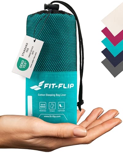 Fit-Flip Hüttenschlafsack Baumwolle - ultraleichter Innenschlafsack 325g - dünner Reiseschlafsack - kompakt, klein & seidig weich - Schlafsack Inlett mit Kissenfach - Farbe: Türkis Fit-Flip Hüttenschlafsack Baumwolle - ultraleichter Innenschlafsack 325g - dünner Reiseschlafsack - kompakt, klein & seidig weich - Schlafsack Inlett mit Kissenfach - Farbe: Türkis von Fit-Flip
