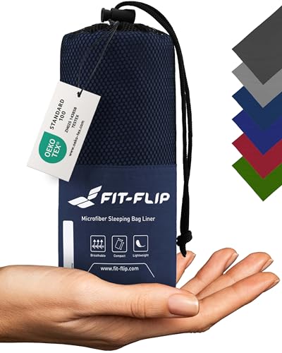 Fit-Flip Hüttenschlafsack Ultraleicht, Mikrofaser Schlafsack Inlay mit extra Kissenfach, Inlett Schlafsack seidig weich, Reiseschlafsack als auch Innenschlafsack, Dunkelblau von Fit-Flip