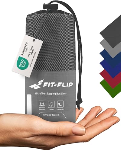 Fit-Flip Hüttenschlafsack Ultraleicht, Mikrofaser Schlafsack Inlay mit extra Kissenfach, Inlett Schlafsack seidig weich, Reiseschlafsack als auch Innenschlafsack, Stahlgrau von Fit-Flip