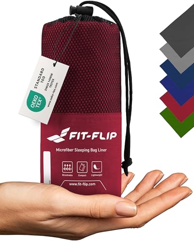 Fit-Flip Hüttenschlafsack Ultraleicht, Mikrofaser Schlafsack Inlay mit extra Kissenfach, Inlett Schlafsack seidig weich, Reiseschlafsack als auch Innenschlafsack, Weinrot von Fit-Flip