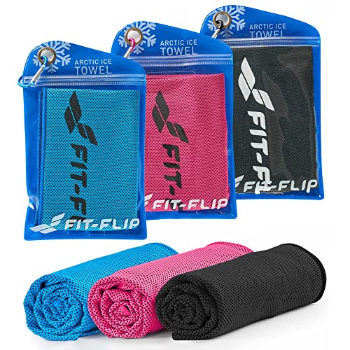 Fit-Flip Kühlhandtuch 3er Set - Cooling Towel und mikrofaser Kühltuch - kühlendes Handtuch - Airflip Towel für Fitness und Sport - Ice Towel (blau-dunkel blau/schwarz/pink, 100x30cm) von Fit-Flip