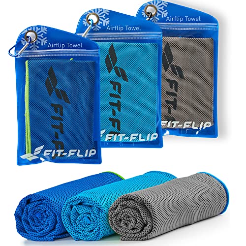 Fit-Flip Kühlhandtuch 3er Set - Cooling Towel und mikrofaser Kühltuch - kühlendes Handtuch - Airflip Towel für Fitness und Sport - Ice Towel (dunkel blau-grün/grau-blau/blau-dunkel blau, 100x30cm) von Fit-Flip