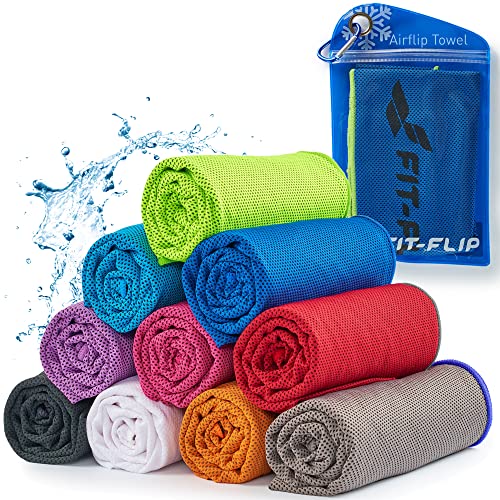 Fit-Flip Kühltuch - Airflip Towel - das kühlende Sporthandtuch - als Cooling Towel und mikrofaser Kühltuch - Ice Towel Kühlhandtuch für Fitness und Sport (dunkel blau-neon grüner Rand, 120x35cm) von Fit-Flip