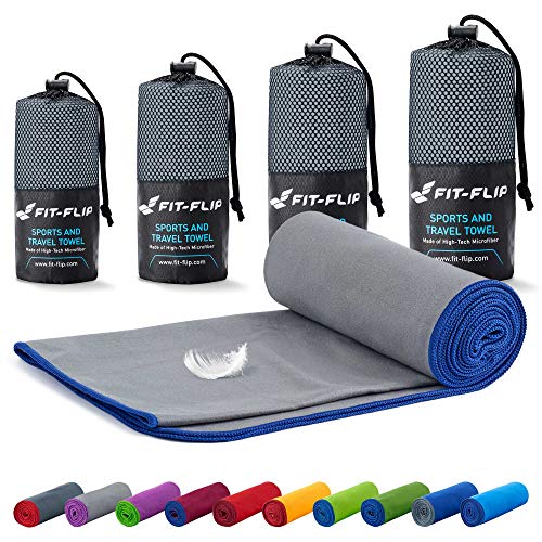 Fit-Flip Mikrofaser Handtuch - kompakt, leicht und schnelltrocknend - Microfaser Handtücher - als Reisehandtuch, Sporthandtuch, Strandtuch und Badetuch groß (100x200cm, Grau mit Dunkelblauen Rand) von Fit-Flip