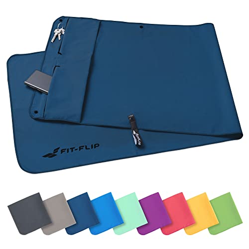 Fit-Flip Fitness Handtuch - mit Magnet und Reißverschluss Tasche - Gym Handtuch aus Mikrofaser für Sport und Fitness - Kompakt & Schnelltrocknend - Sporthandtuch Fitnessstudio - Marineblau - 130x48cm von Fit-Flip