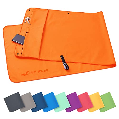 Fit-Flip Fitness Handtuch - mit Magnet und Reißverschluss Tasche - Gym Handtuch aus Mikrofaser für Sport und Fitness - Kompakt & Schnelltrocknend - Sporthandtuch Fitnessstudio - Orange - 130x48cm von Fit-Flip