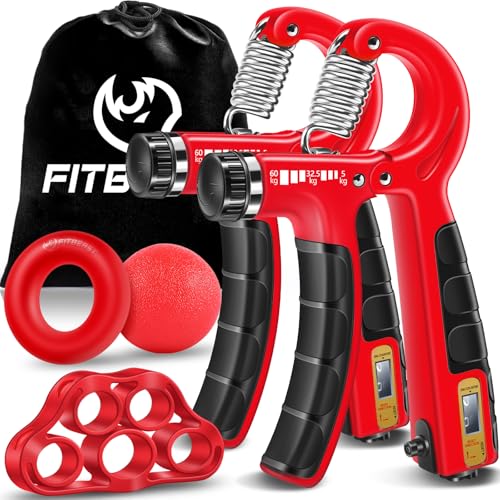 FitBeast Handtrainer Trainingsset (5-teilig), 2 Unterarmgriff Einstellbare Widerstand Handgreifer, Fingerdehner, Griffball & Stressabbau-Griffball für Athleten (Karmesinrot) von FitBeast