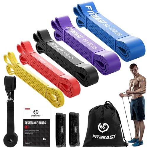 FitBeast Widerstandsbänder Set, 5 Level Pull-up-Bänder für Krafttraining, Crossfit, Powerlifting, Muskelaufbau, Heimtraining, Mobilität, Stretching, Stretchbänder mit Türanker & Tragetasche von FitBeast