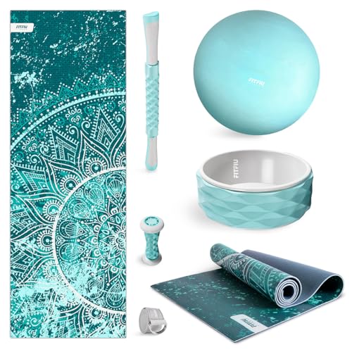 Fitfiu Fitness KITWELL-600-6er-Pack Yoga-Pilates-Zubehör in Blau mit Matte, Ball, Rad, Fußmassagegerät, Massagestab und Yogagurt von Fitfiu