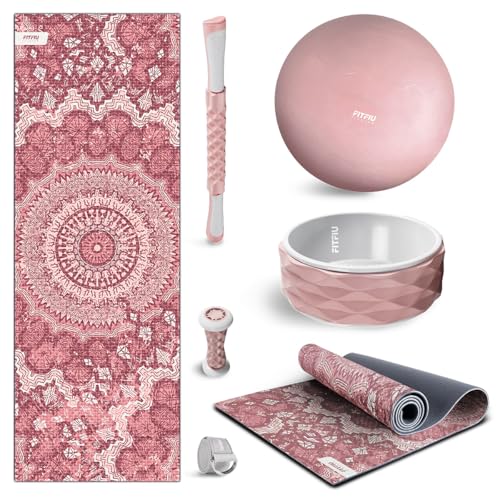 Fitfiu Fitness KITWELL-600-6er-Pack Yoga-Pilates-Zubehör in Pink mit Matte, Ball, Rad, Fußmassagegerät, Massagestab und Yogagurt von Fitfiu