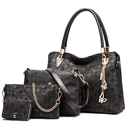 FiveloveTwo Damen Umhängetasche Schultertasche Henkeltaschen Quaste Drucken Handtasche 4-teiliges Set Geldbörse Shopper Taschen Clutches Kartenhalter Brieftasche Schwarz FiveloveTwo Damen Umhängetasche Schultertasche Henkeltaschen Quaste Drucken Handtasche 4-teiliges Set Geldbörse Shopper Taschen Clutches Kartenhalter Brieftasche Schwarz von FiveloveTwo